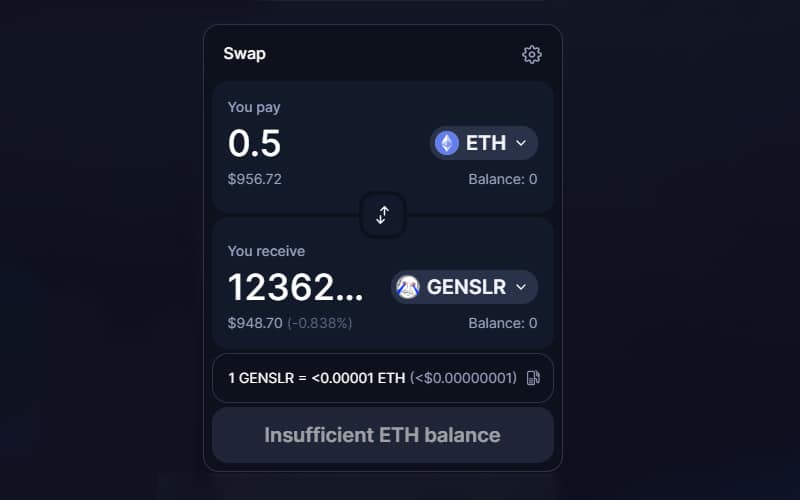 Enter ETH amount to swap for GENSLR