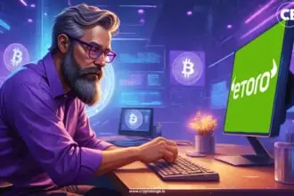 A man is using a laptop to buy Bitcoin on eToro.