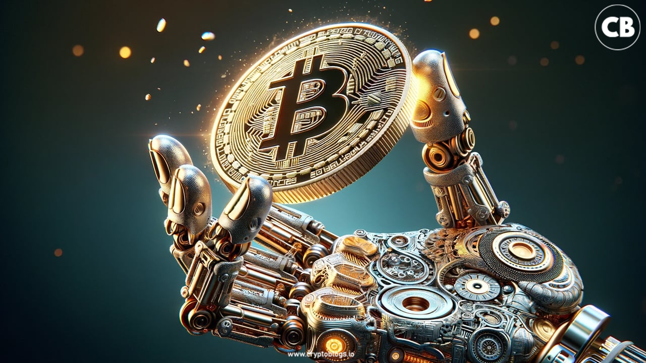 Artificial Intelligence robot keeping a bitcoin in the hand